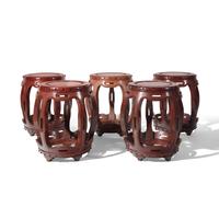 Five Chinese Hardwood Barrel-Form Stools, 20th Century 近代 硬木坐墩一組五只