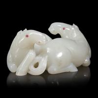 A Chinese White Jade Carving of Double Horses, 19th Century — 清晚期 白玉雙馬擺件