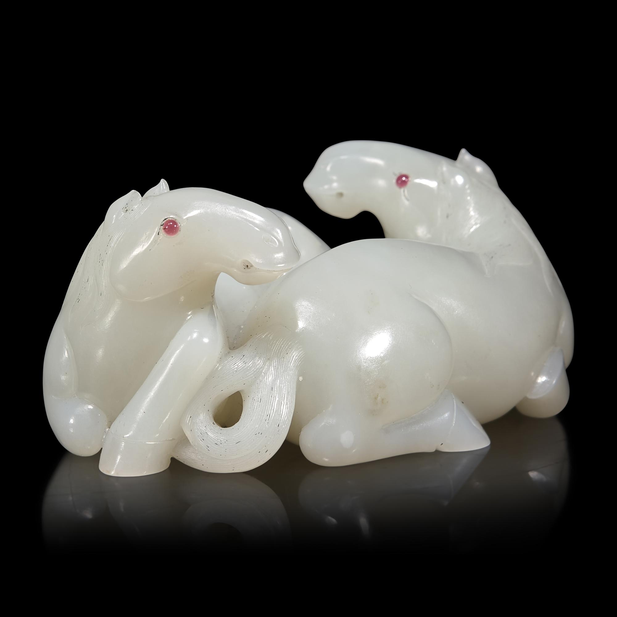 A Chinese White Jade Carving of Double Horses, 19th Century — 清晚期 白玉雙馬擺件