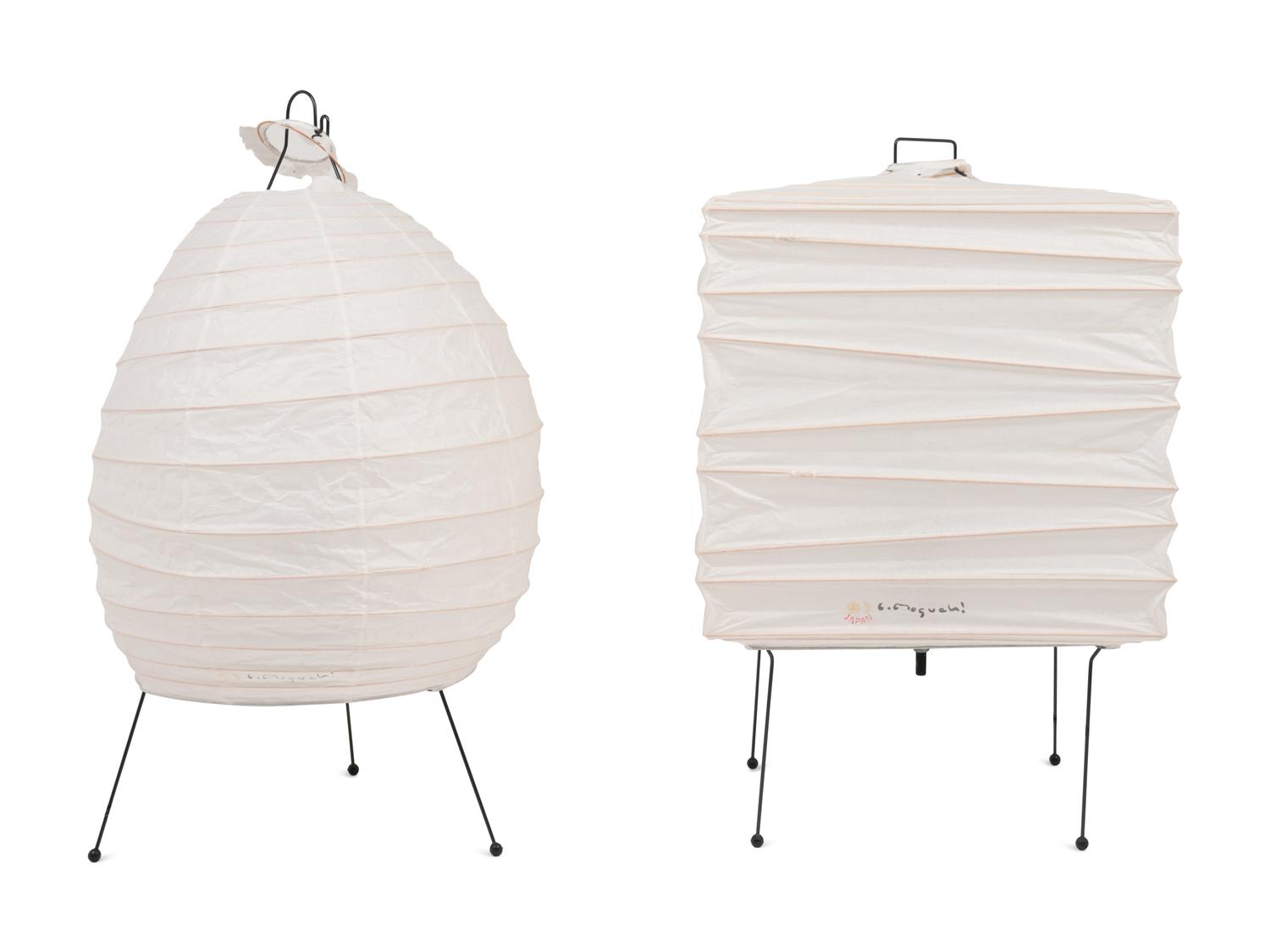 Two Rice Paper and Enameled Metal Table Lamps by Isamu Noguchi (American, 1904-1988)