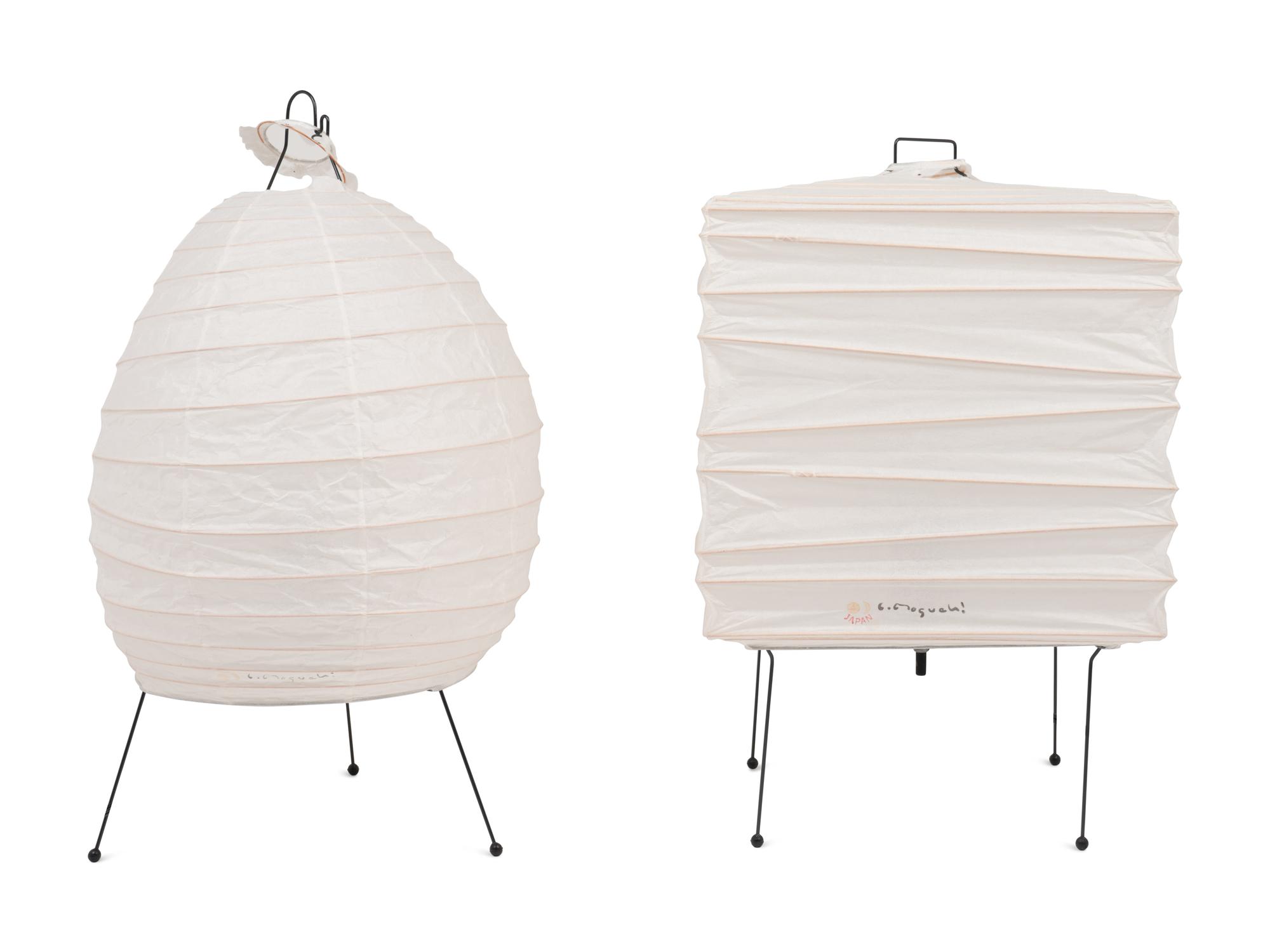 Two Rice Paper and Enameled Metal Table Lamps by Isamu Noguchi (American, 1904-1988)