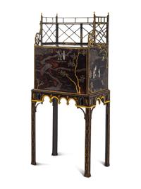 A George III 'Lac Bergaute' and Black and Gilt-Japanned Secrétaire Cabinet-on-Stand