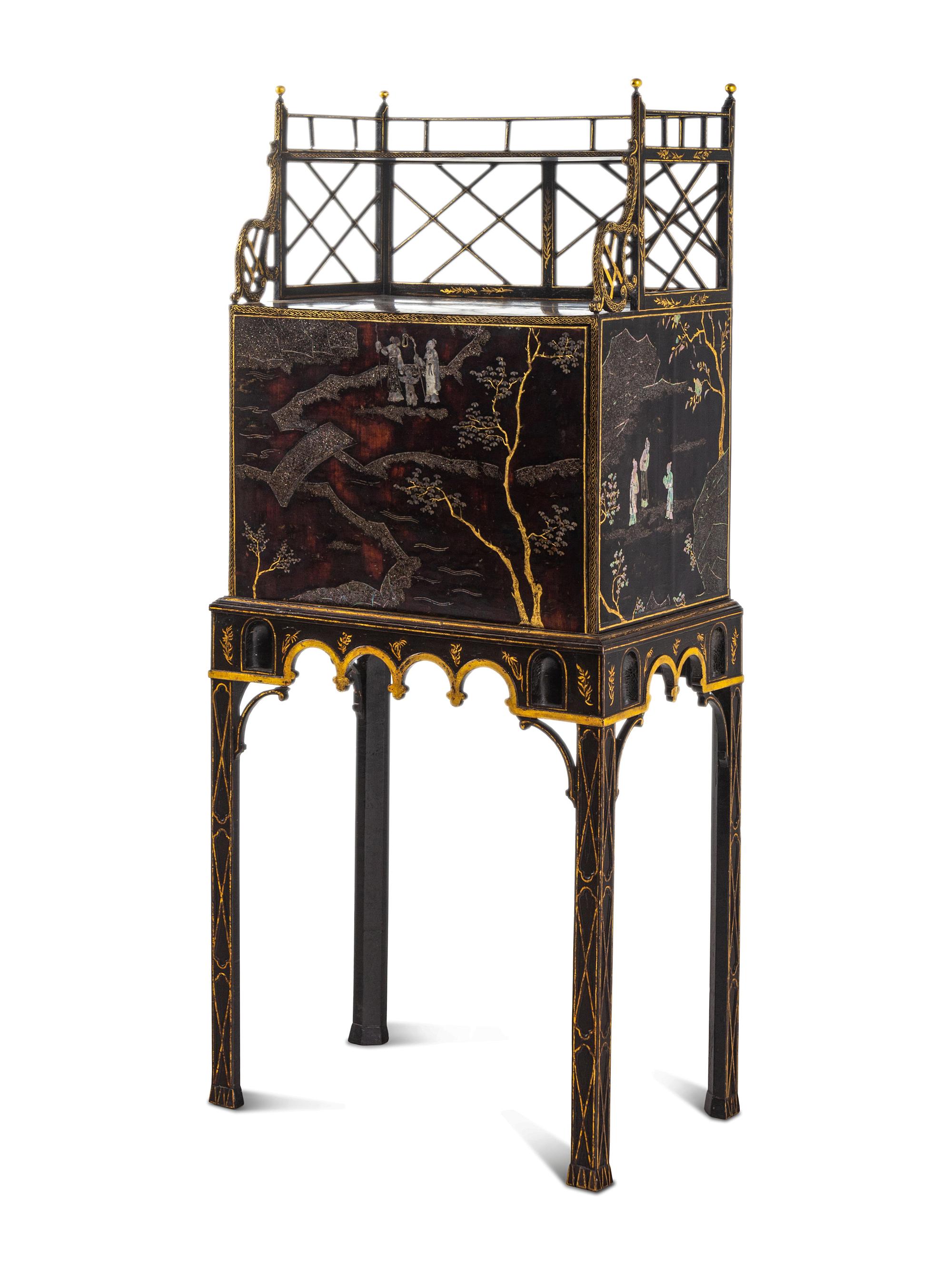 A George III 'Lac Bergaute' and Black and Gilt-Japanned Secrétaire Cabinet-on-Stand