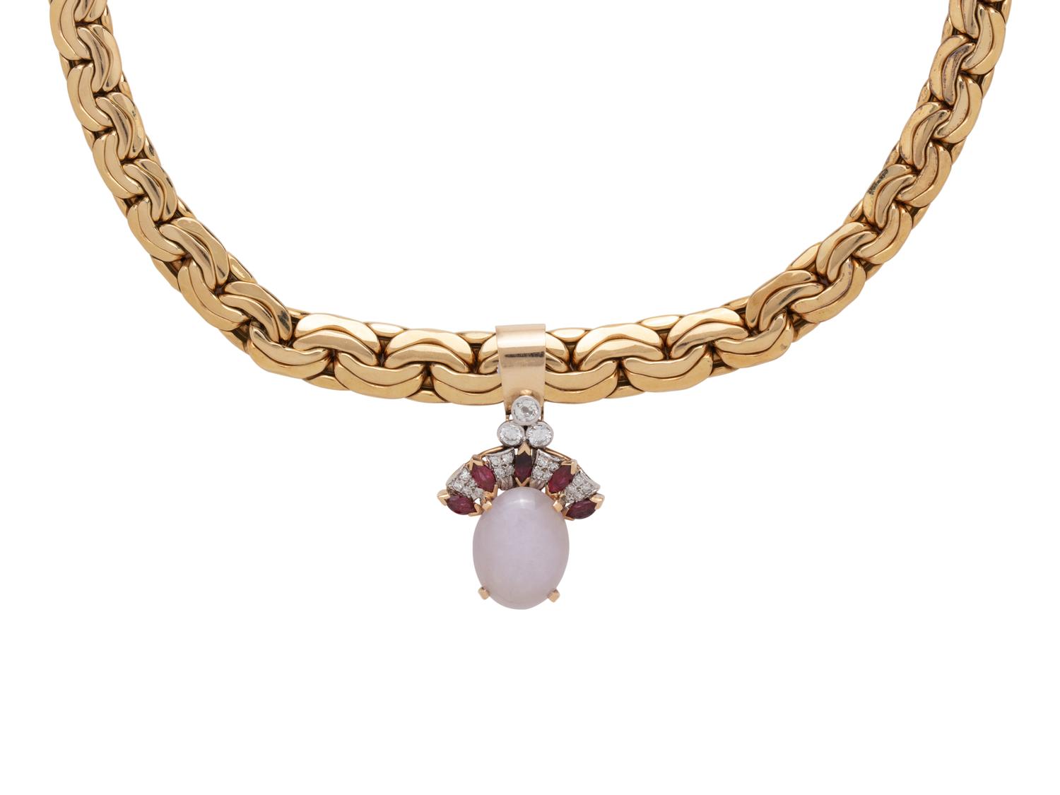 YELLOW GOLD, LAVENDER JADE, DIAMOND AND RUBY PENDANT/NECKLACE