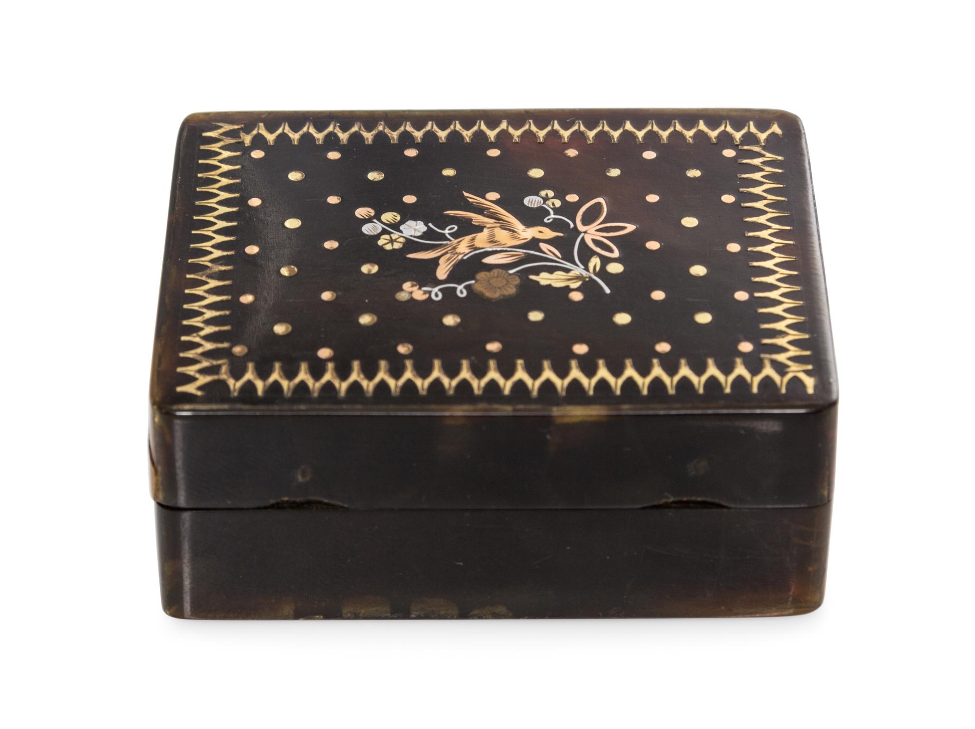 A Silver and Gold Inlaid Tortoise Shell Powder Box, 18th/19th Century, of rectangular form with stylized floral inlays, similarly decor