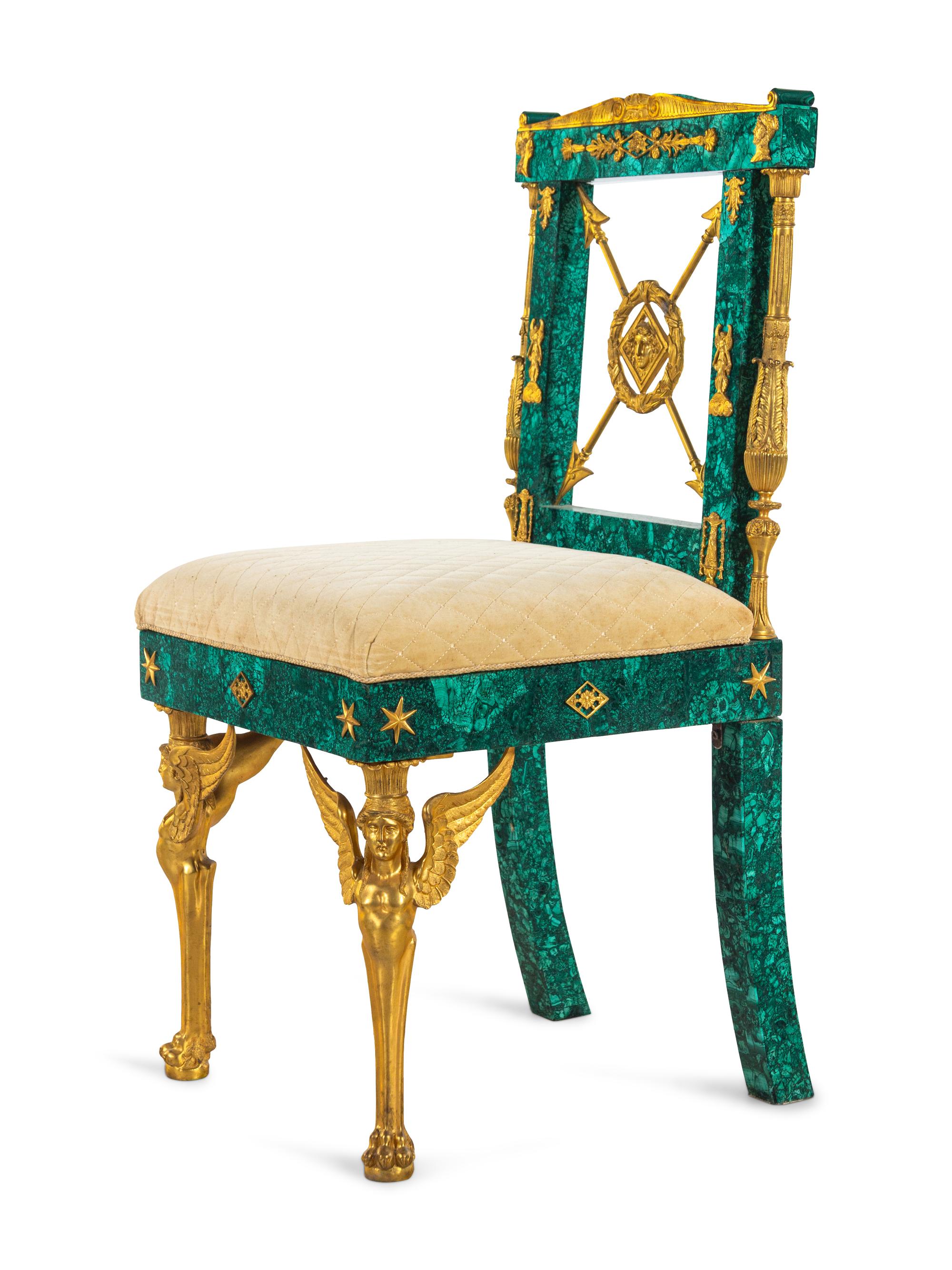 An Empire Style Gilt Bronze Mounted Malachite Side Chair