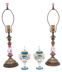 A Group of Sevres Style Porcelain Articles Height of lamps 22 inches.