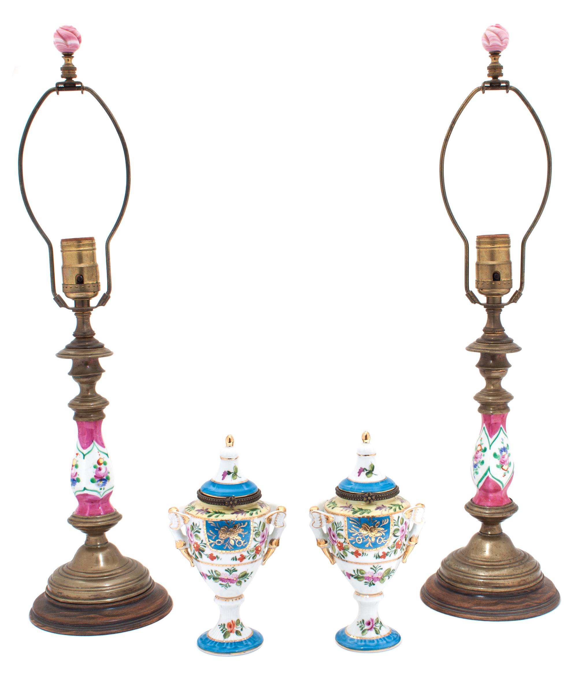 A Group of Sevres Style Porcelain Articles Height of lamps 22 inches.