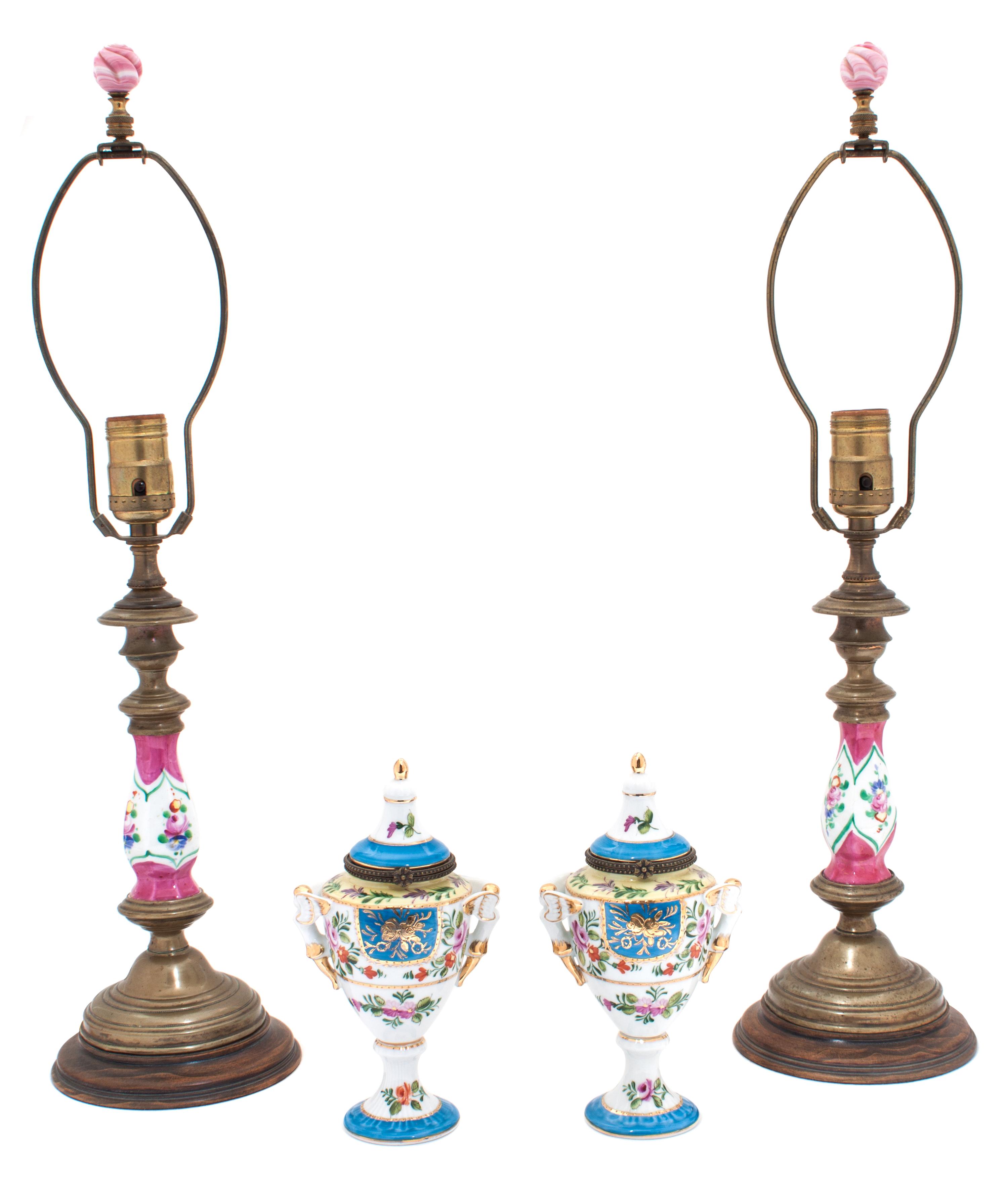 A Group of Sevres Style Porcelain Articles Height of lamps 22 inches.