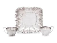 An American Silver Dish and a Mexican Silver Creamer and Sugar Set