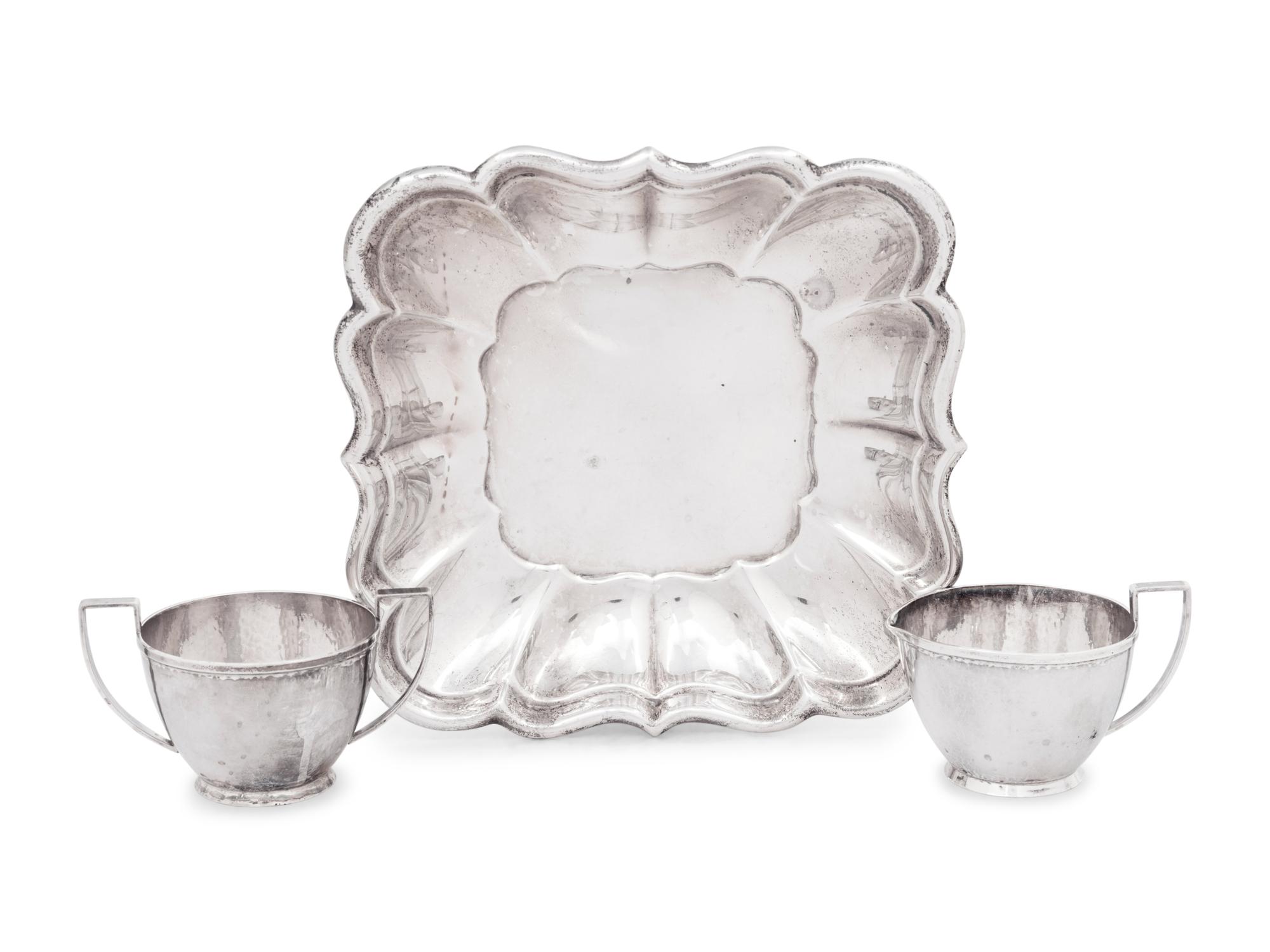 An American Silver Dish and a Mexican Silver Creamer and Sugar Set