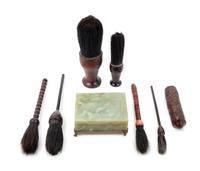 A Group of Six Chinese Hardwood and Cinnabar Lacquer Scroll Brushes and Associated Box