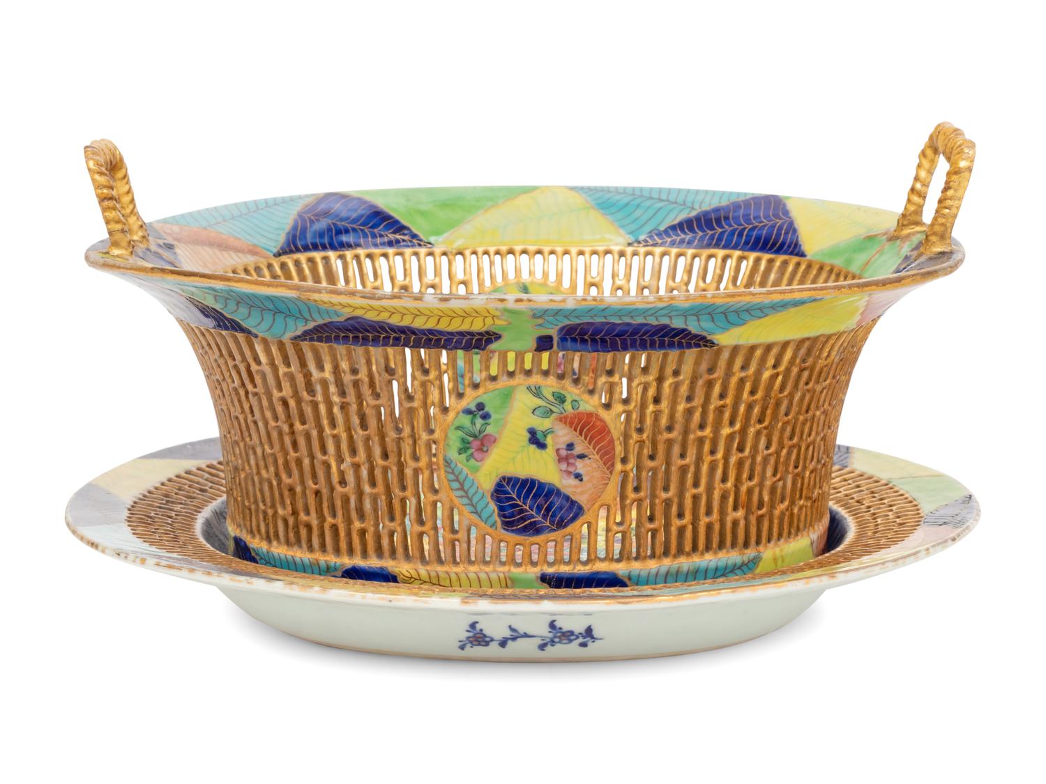 A Chinese Export Tobacco Leaf Reticulated Porcelain Basket and Underplate