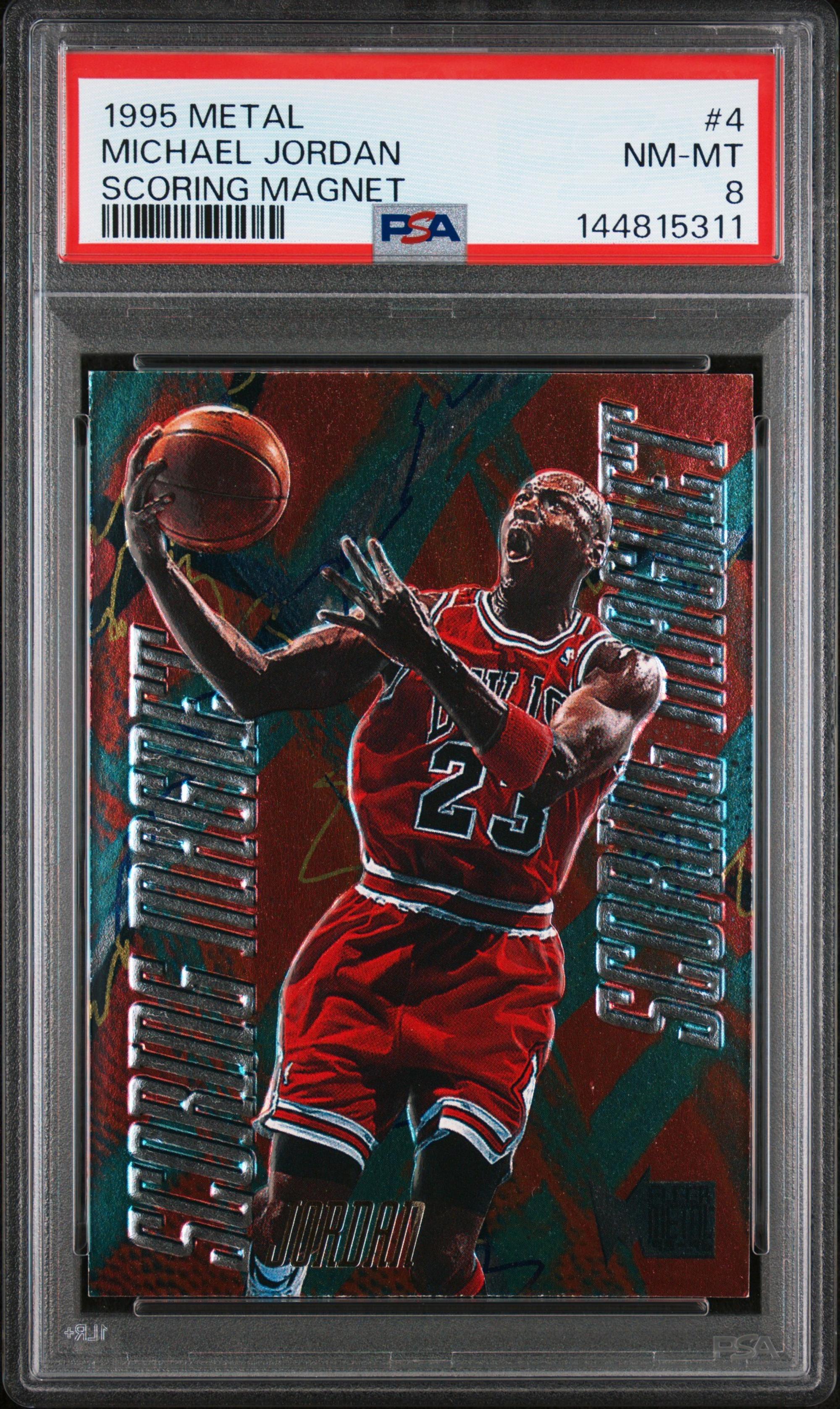 A 1995 Fleer Metal Michael Jordan Scoring Magnet Basketball Card No. 4 (PSA 8 NM-MT)