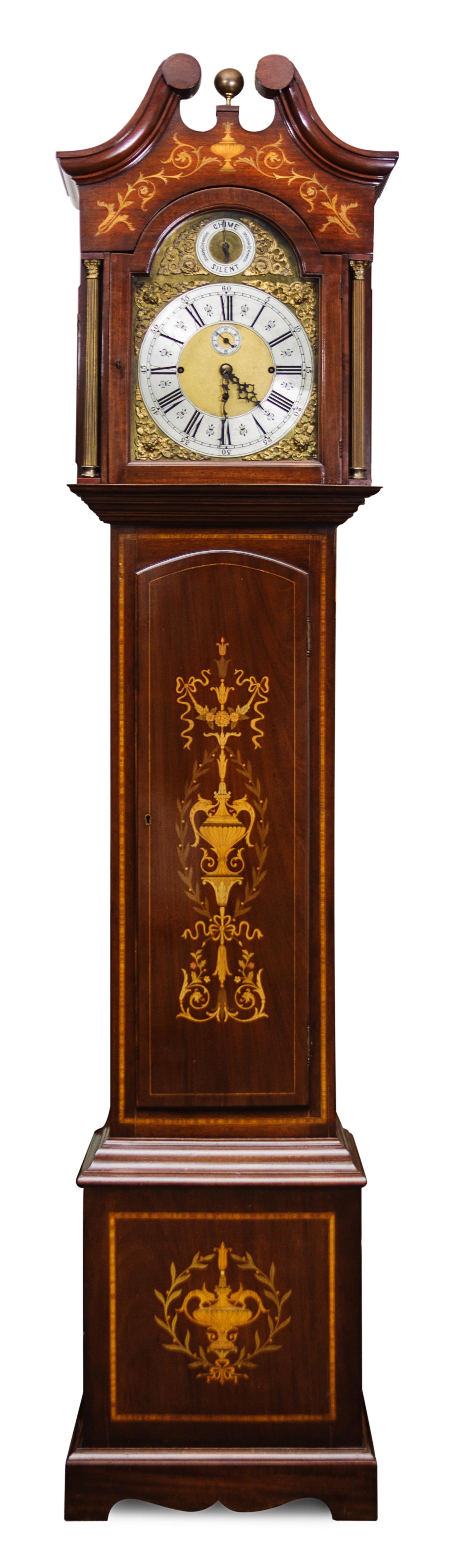 An English Mahogany Inlaid Case Clock Height 95 x width 20 x depth 12 inches. — 19TH CENTURY