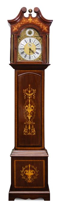 An English Mahogany Inlaid Case Clock Height 95 x width 20 x depth 12 inches. — 19TH CENTURY