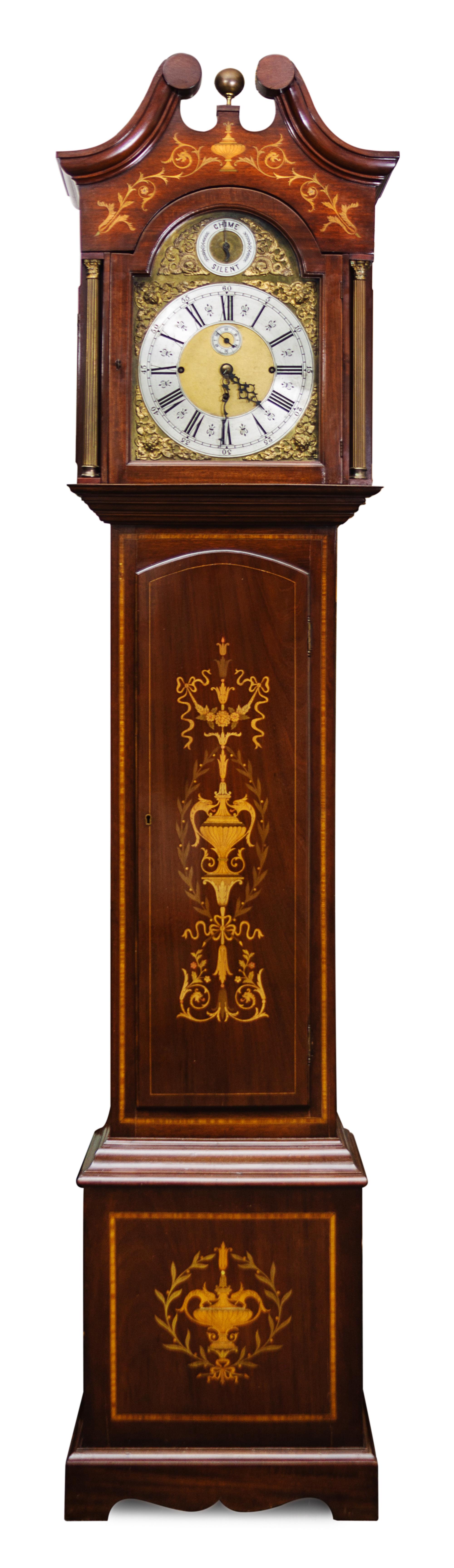 An English Mahogany Inlaid Case Clock Height 95 x width 20 x depth 12 inches. — 19TH CENTURY