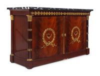A Pair of Empire Style Gilt Bronze Mounted Mahogany Marble-Top Cabinets