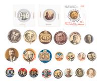 [POLITICS]. A group of 24 campaign buttons promoting McKinley, Roosevelt, Bryan, Hughes, Taft, Wilson, Woolley, Metcalf, and Coolidge, incl. jugate examples.
