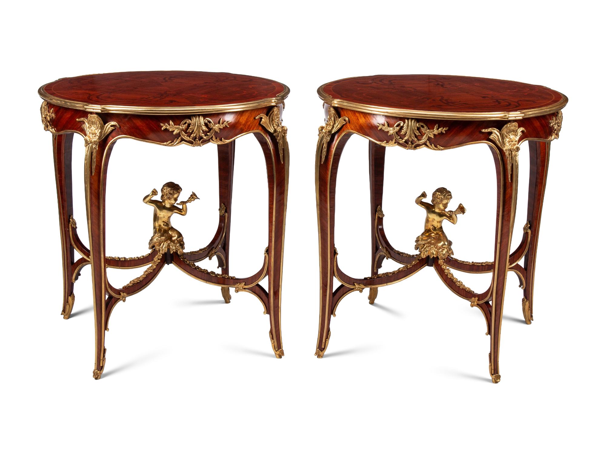 A Pair of Louis XV Style Gilt Bronze Mounted Marquetry Side Tables