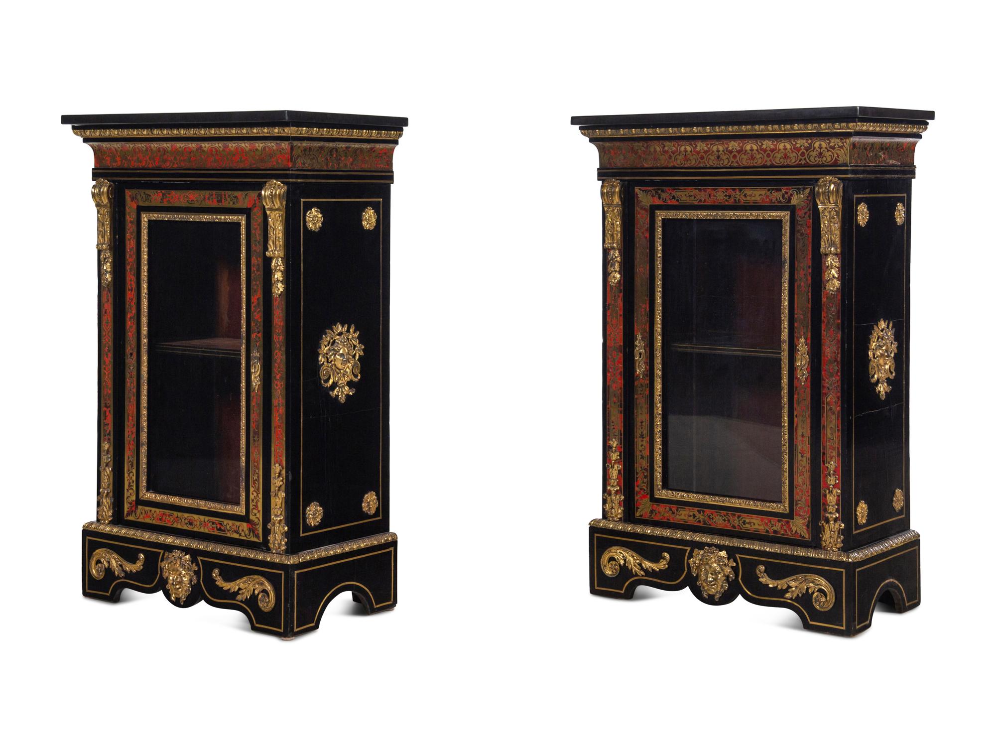 A Pair of Napoleon III Boulle Marquetry Marble-Top Cabinets