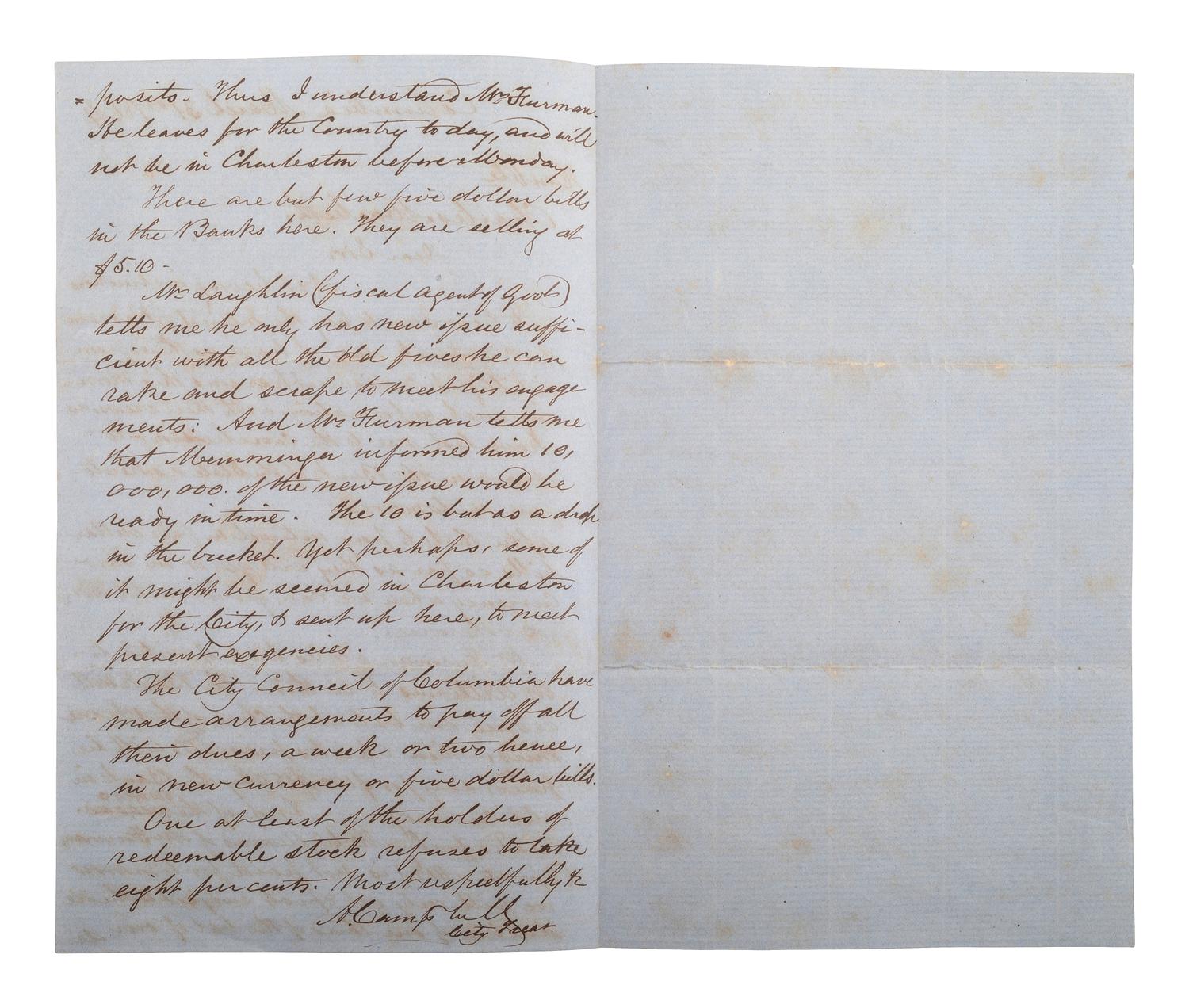 PICKENS, Governor Francis W. (1805-1869). Autograph letter signed as Governor of South Carolina.