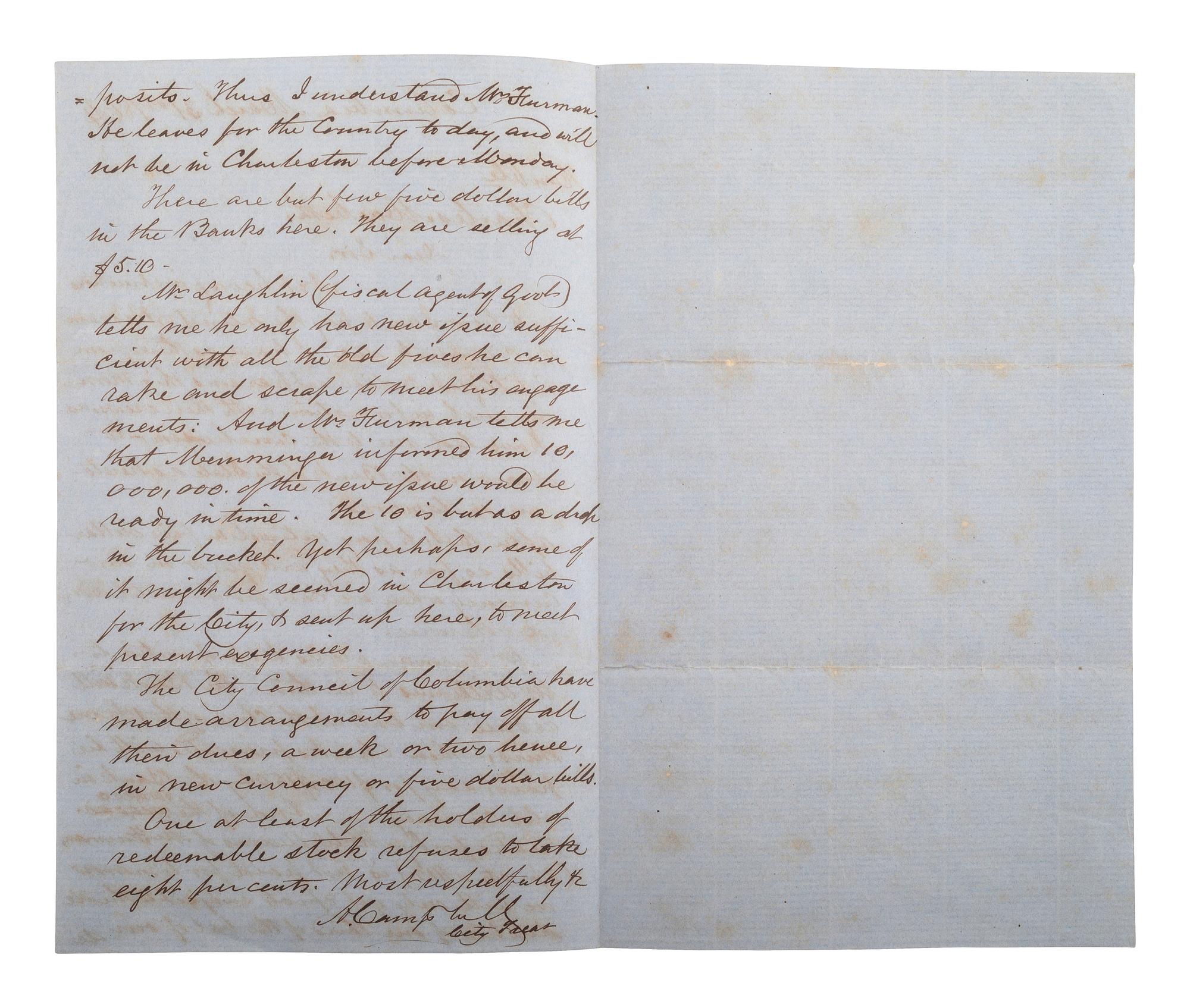 PICKENS, Governor Francis W. (1805-1869). Autograph letter signed as Governor of South Carolina.