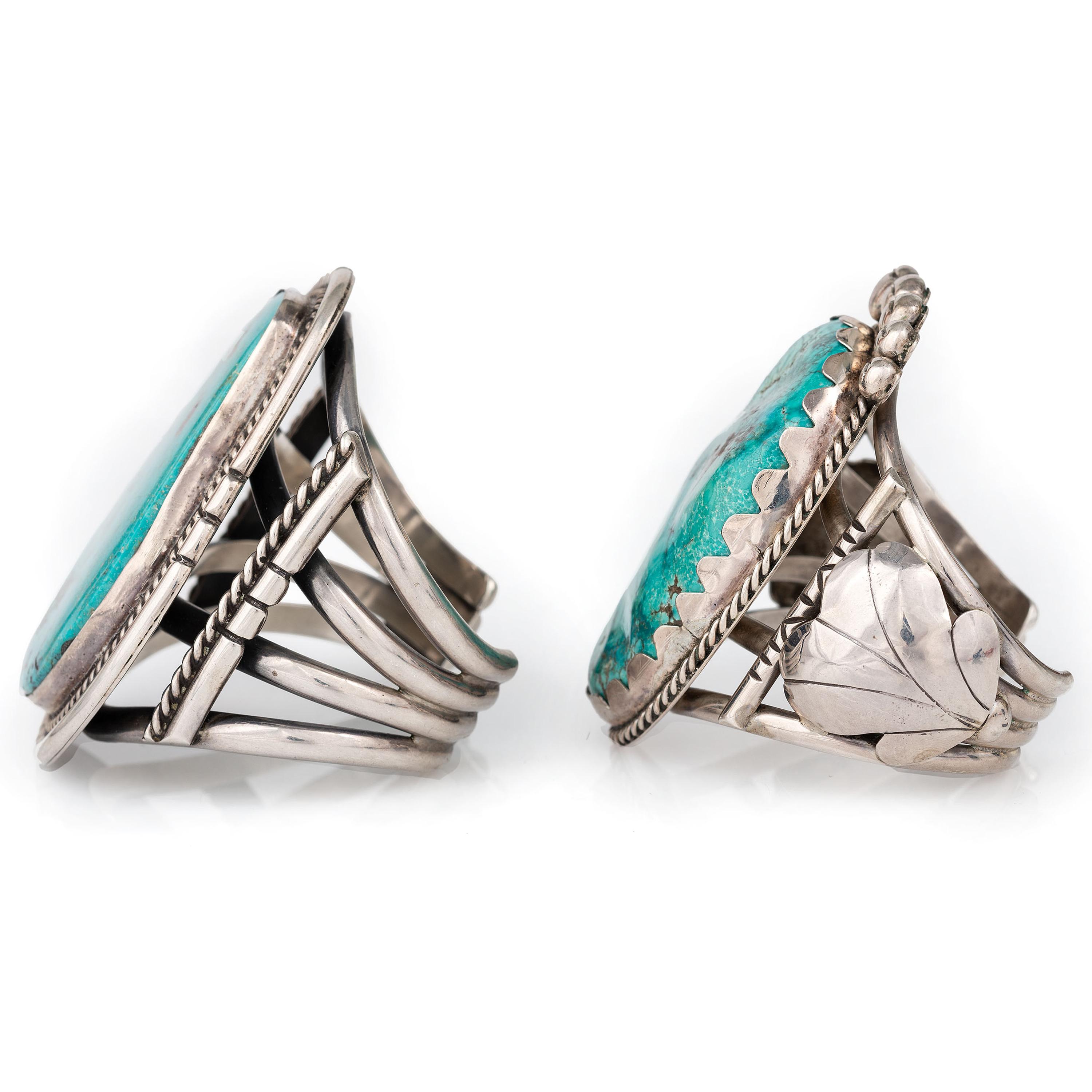 Pair of Heavy Navajo Silver and Turquoise Cuff Bracelets