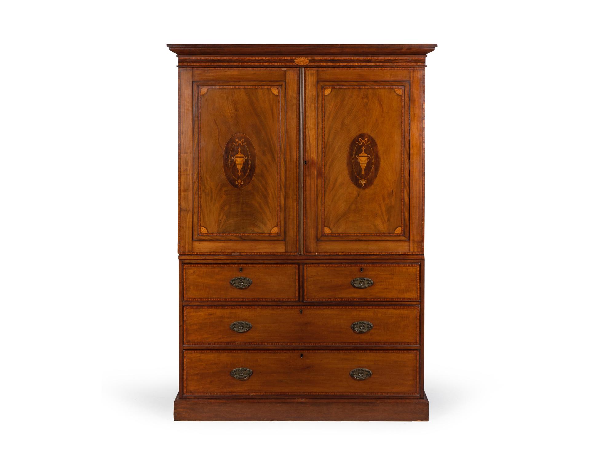A George III Style Mahogany and Satinwood Marquetry Linen Press — 19TH CENTURY