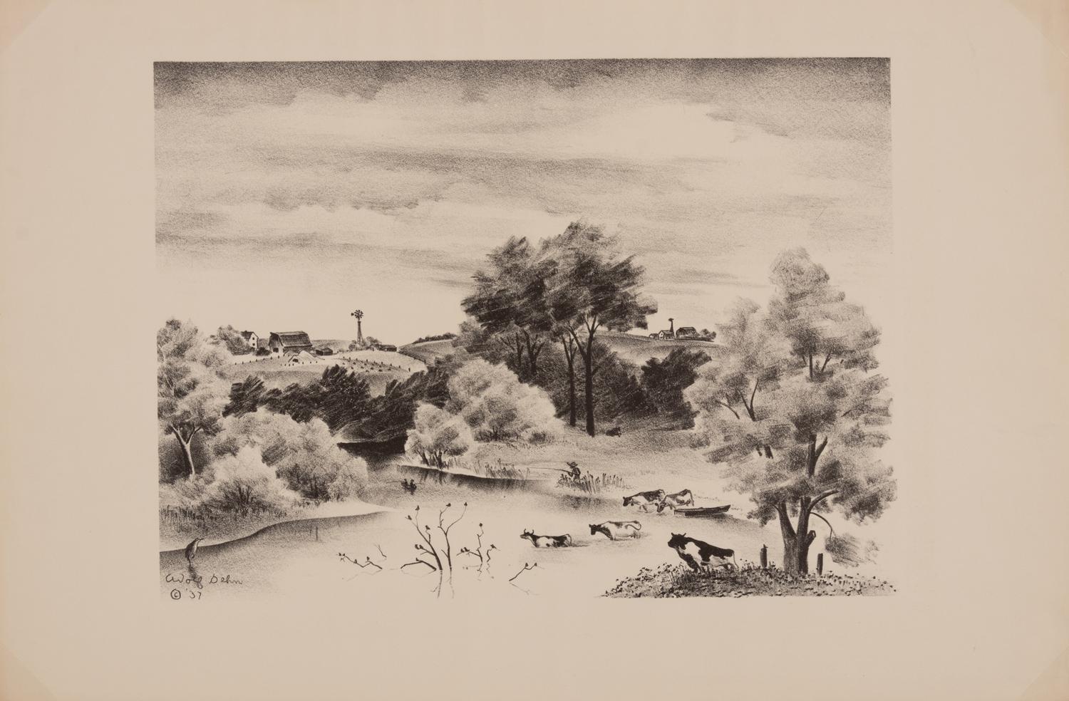 A group of four prints ( Golden Gate; Landscape with Cows; Minnesota Farmyard; Nice Day in Missouri )