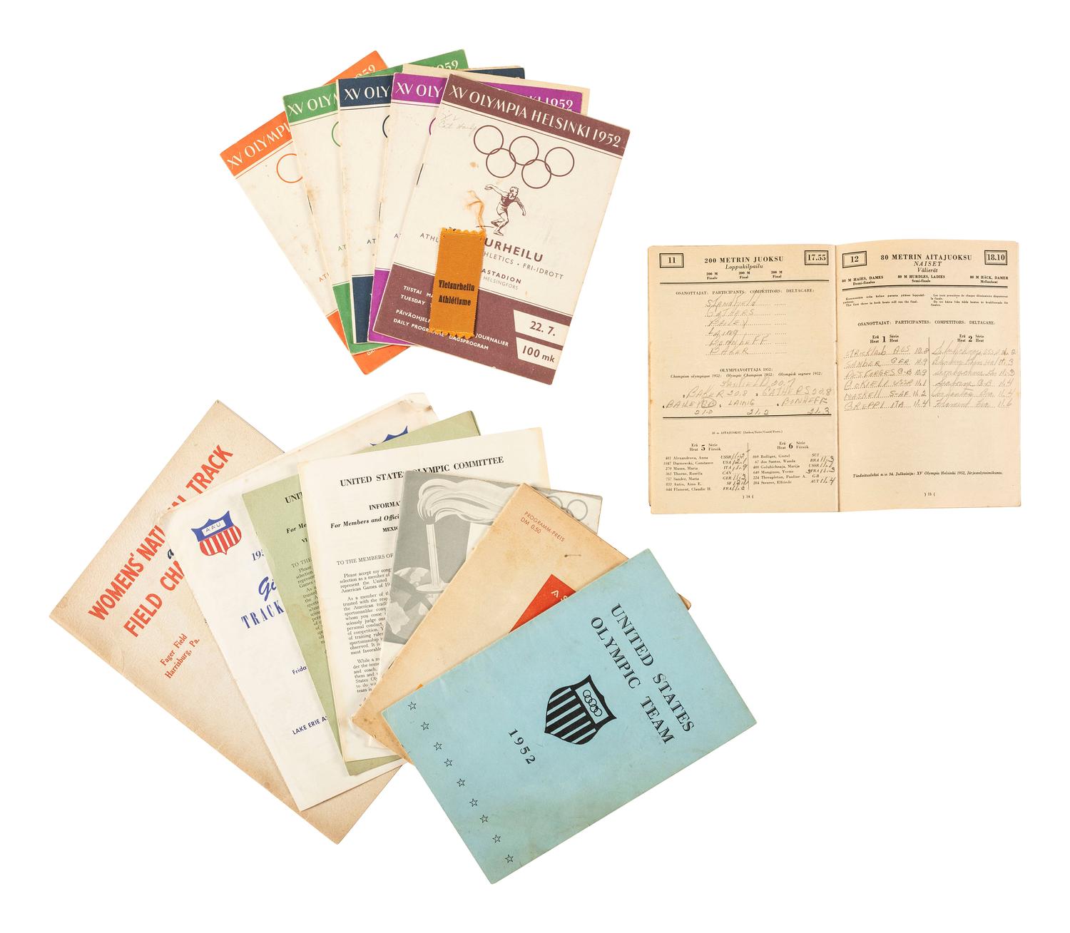 [AFRICAN AMERICANA - SPORTS]. Archive identified to "Mae" Faggs Starr, "The First Lady of Track" and three-time Olympic athlete, incl. inscribed programs from the 1952 Helsinki Olympics and related ephemera.