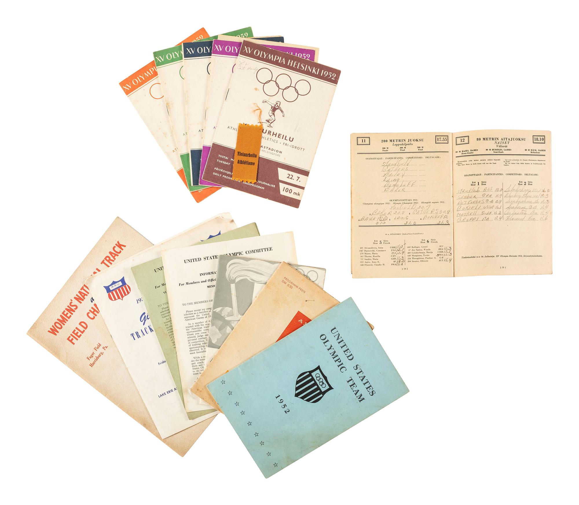 [AFRICAN AMERICANA - SPORTS]. Archive identified to "Mae" Faggs Starr, "The First Lady of Track" and three-time Olympic athlete, incl. inscribed programs from the 1952 Helsinki Olympics and related ephemera.