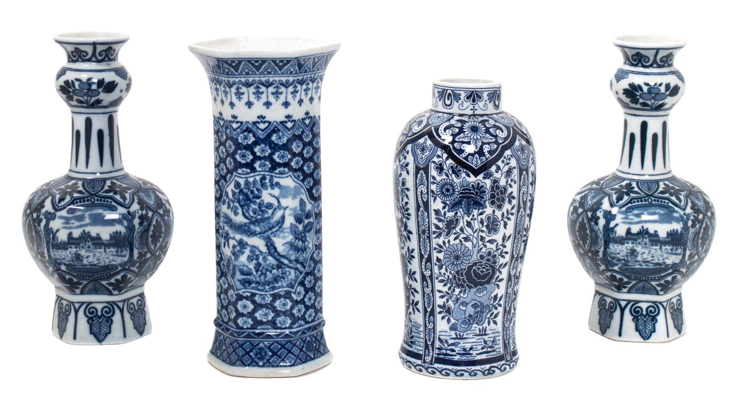 Four Delft Blue and White Porcelain Articles Height of tallest 9 1/4 inches.