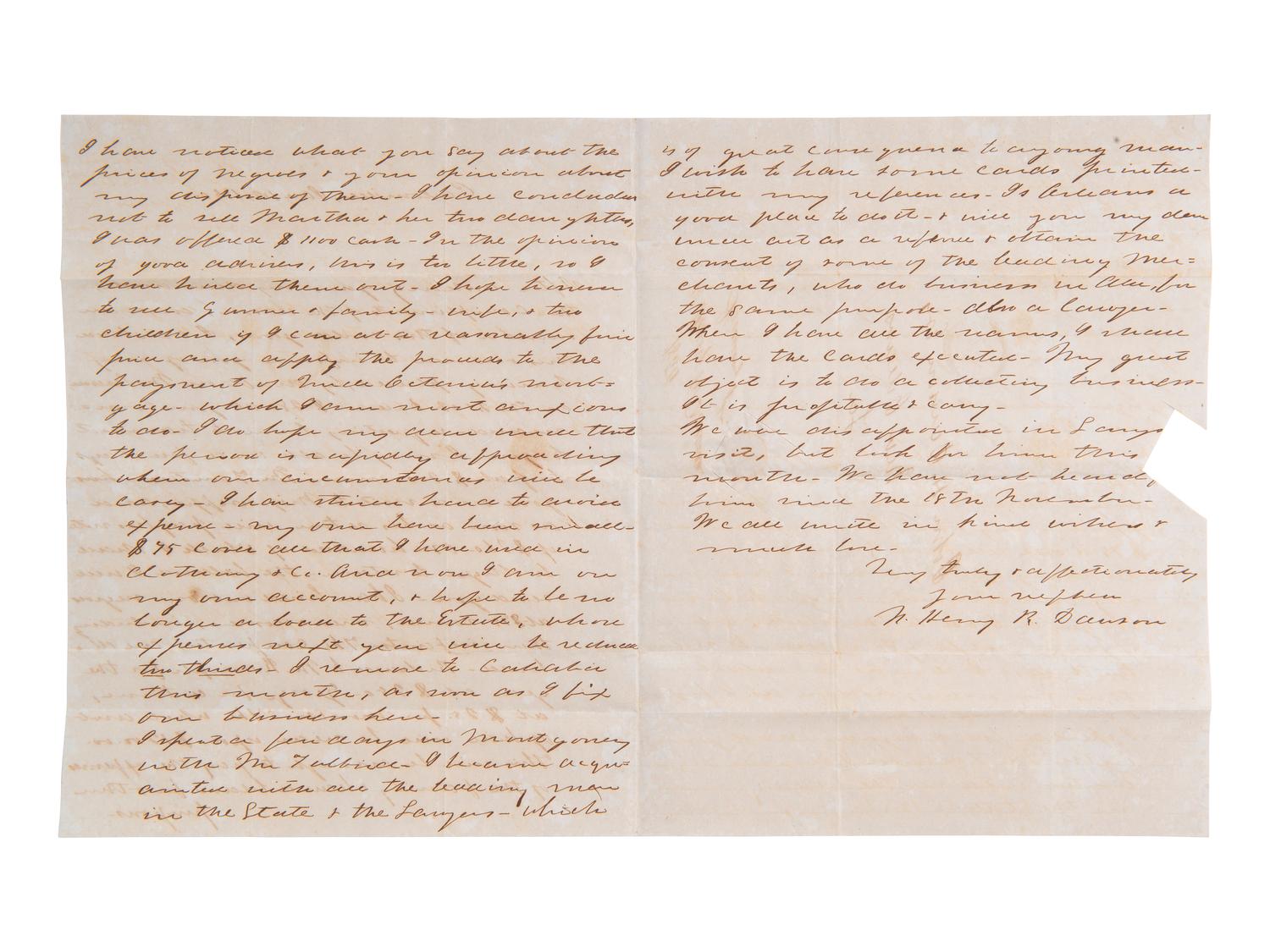 [ENSLAVEMENT]. Pair of letters from N. Henry R. DAWSON to his uncle regarding slaves. 1850.