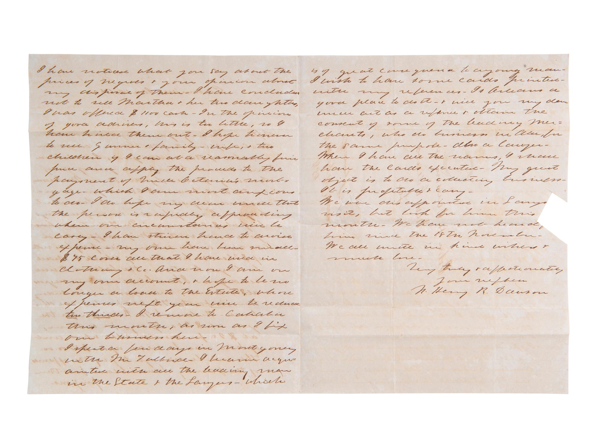 [ENSLAVEMENT]. Pair of letters from N. Henry R. DAWSON to his uncle regarding slaves. 1850.