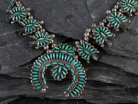 Zuni Silver and Petit Point Turquoise Squash Blossom Necklace