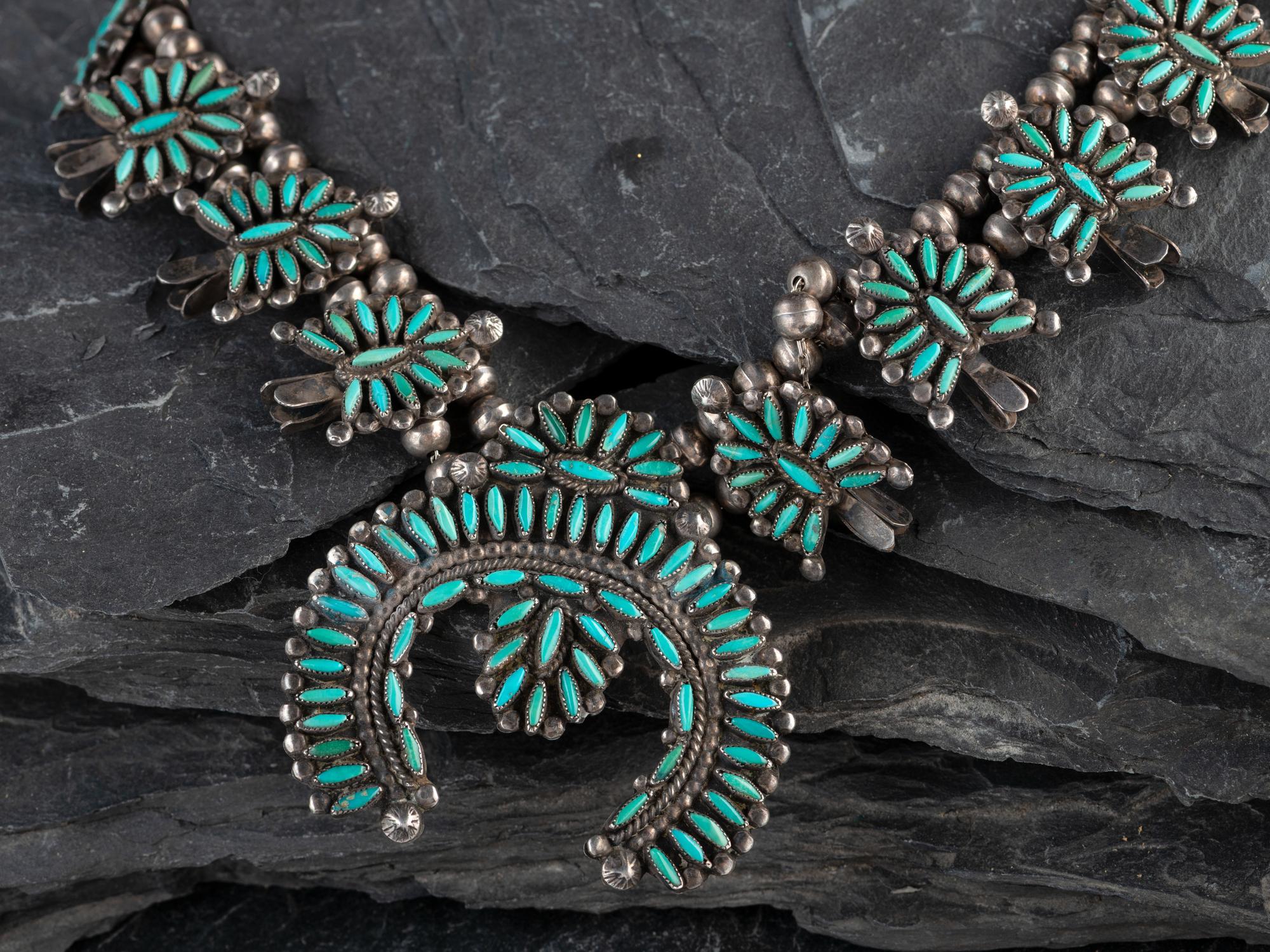 Zuni Silver and Petit Point Turquoise Squash Blossom Necklace