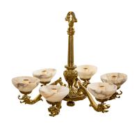 A Pair of Gilt Bronze and Alabaster Six-Light Chandeliers