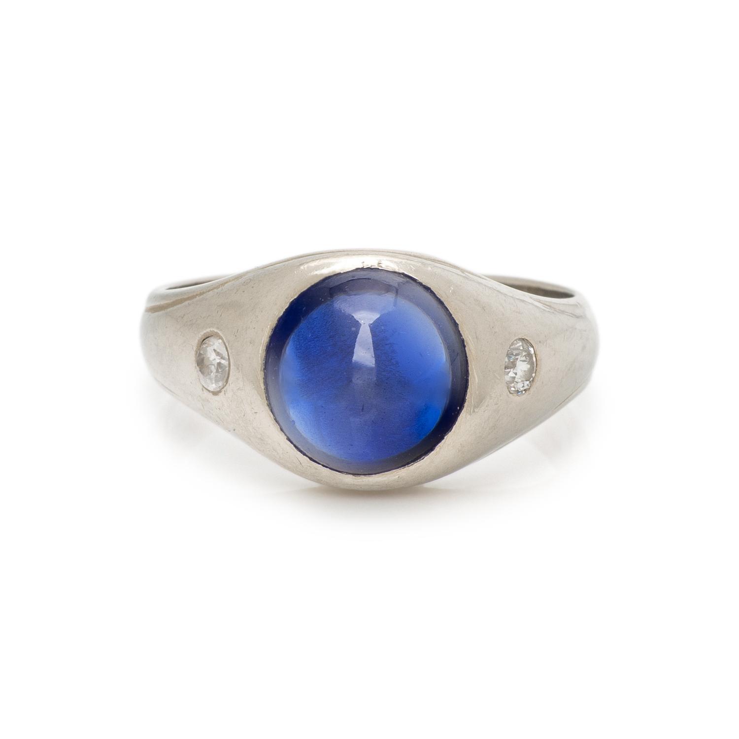 WHITE GOLD, SYNTHETIC SAPPHIRE, AND DIAMOND RING