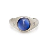 WHITE GOLD, SYNTHETIC SAPPHIRE, AND DIAMOND RING