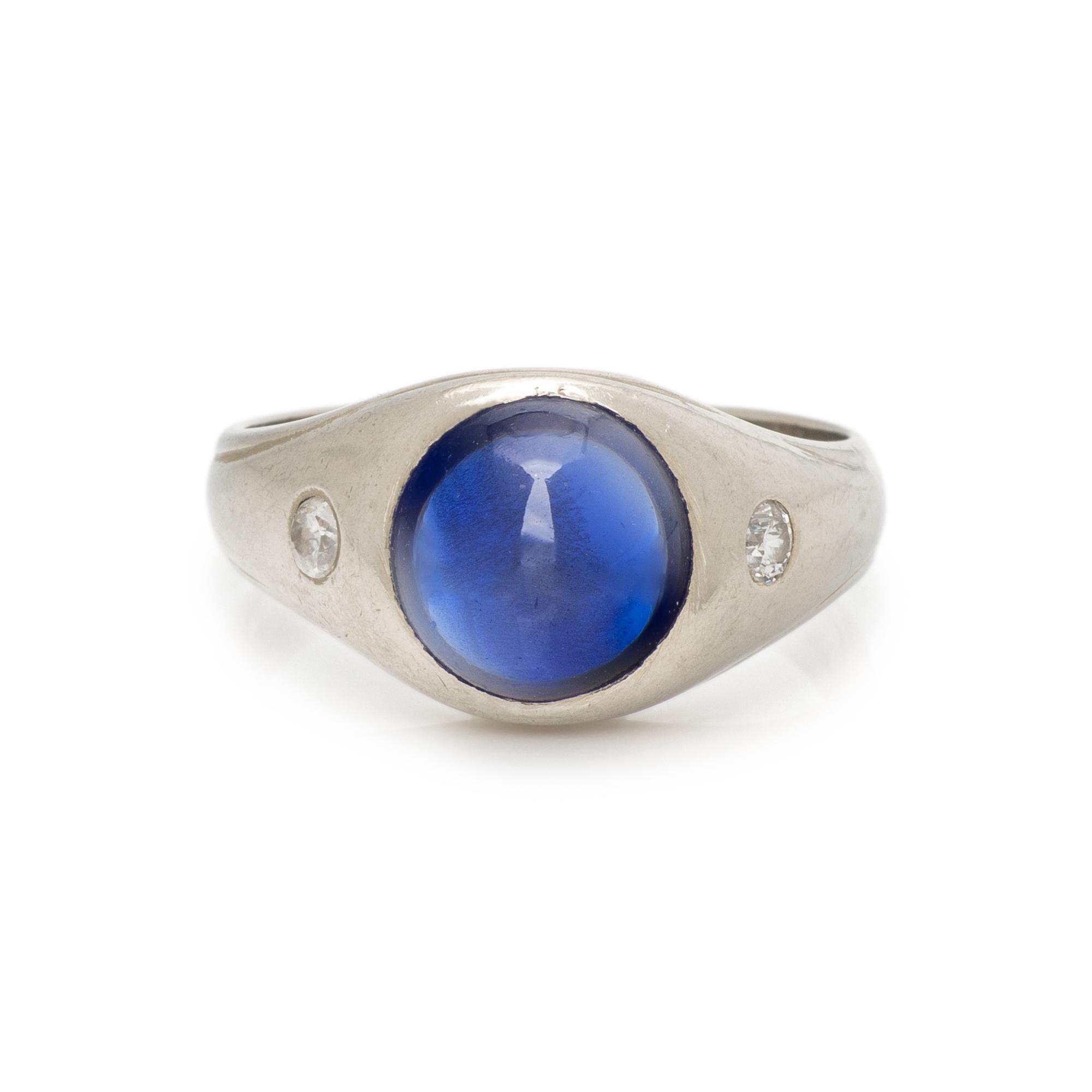 WHITE GOLD, SYNTHETIC SAPPHIRE, AND DIAMOND RING