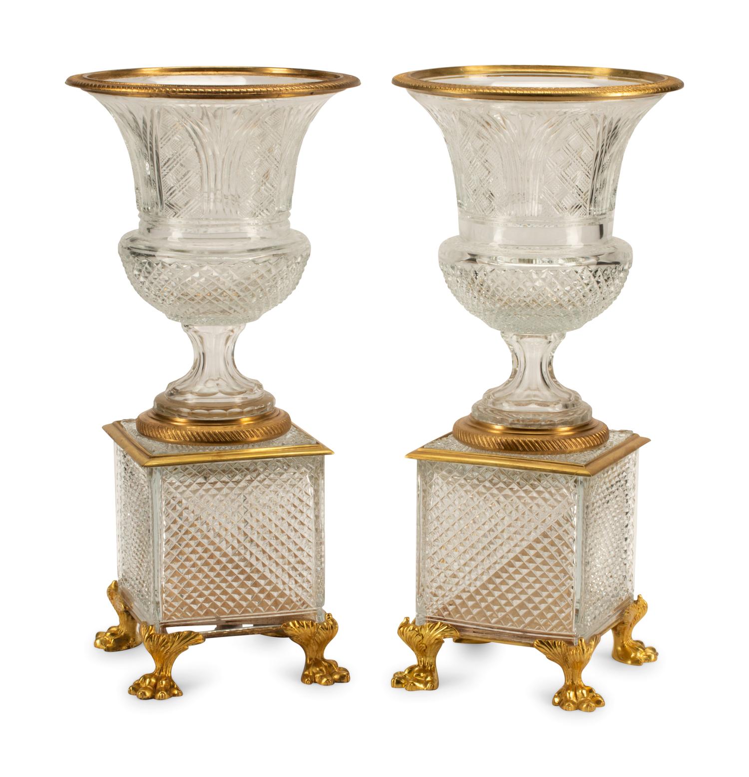 A Pair of French Gilt Bronze Mounted Cut Glass Urns