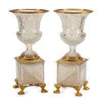 A Pair of French Gilt Bronze Mounted Cut Glass Urns