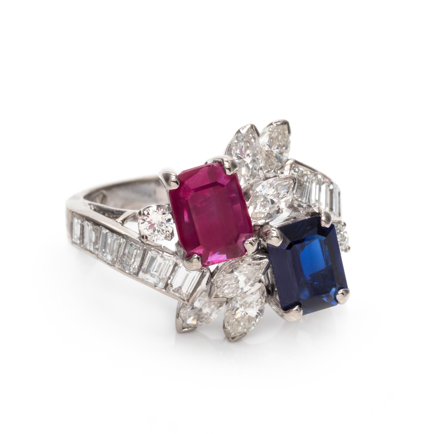A 14 Karat White Gold Ruby, Sapphire, and Diamond Ring,