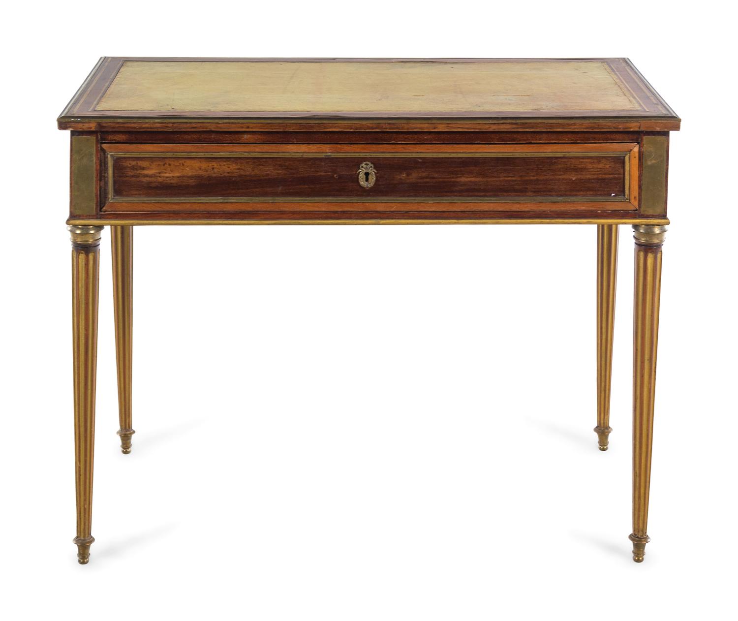 A Directoire Brass Mounted, Parcel Gilt and Inlaid Mahogany Table à Écrire
