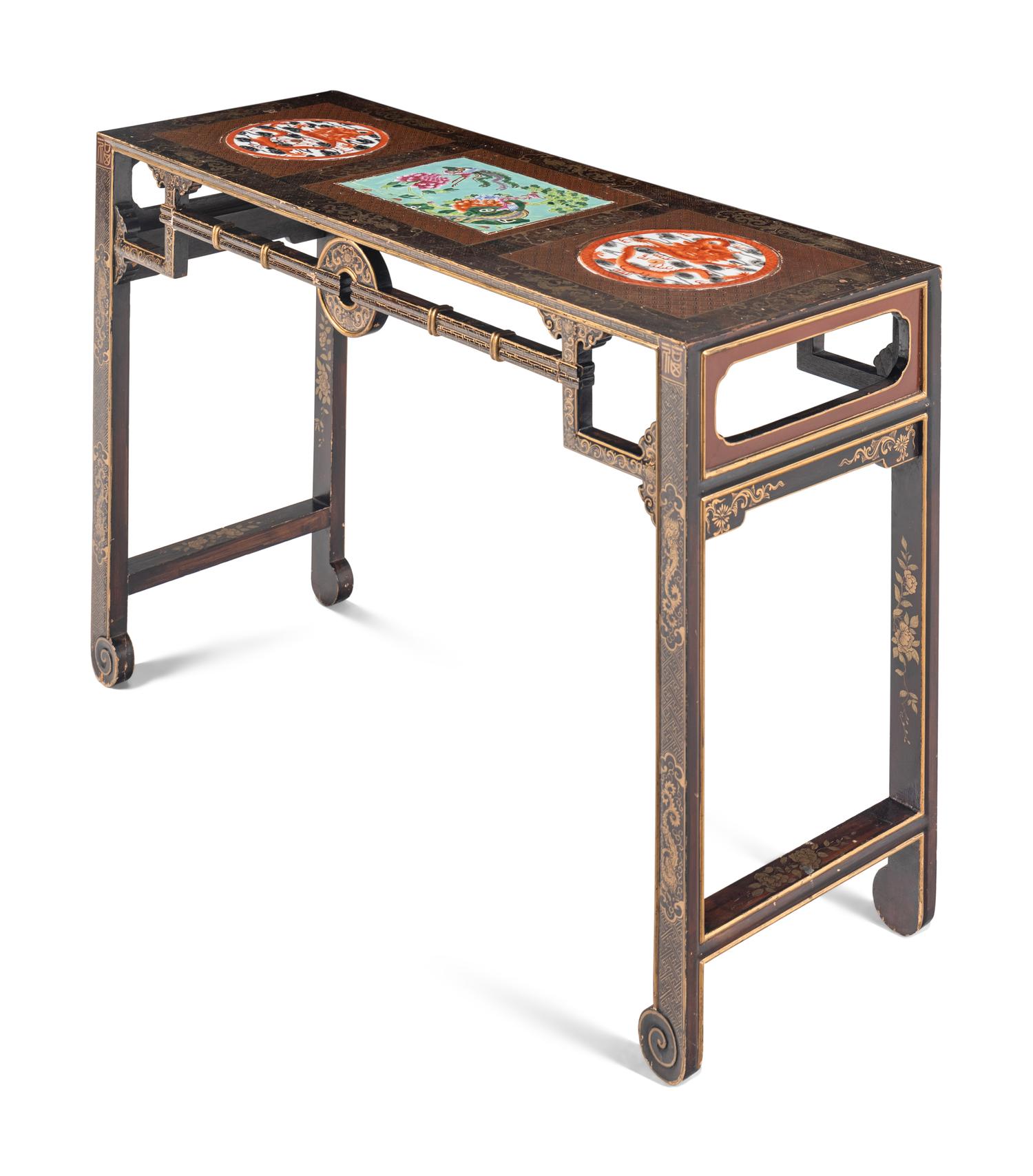 A Chinese Porcelain Inset Gilt Highlighted Black and Brown Lacquered Wood Side Table, Tiaozhuo