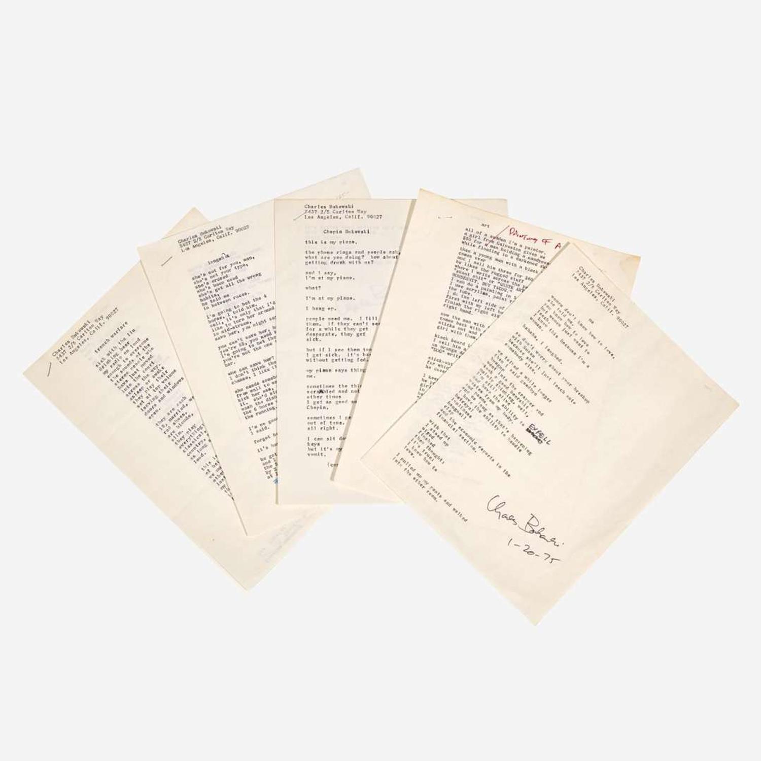 [Counter-Culture] Bukowski, Charles Group of 5 Typed Poems from "Love is a Dog From Hell"