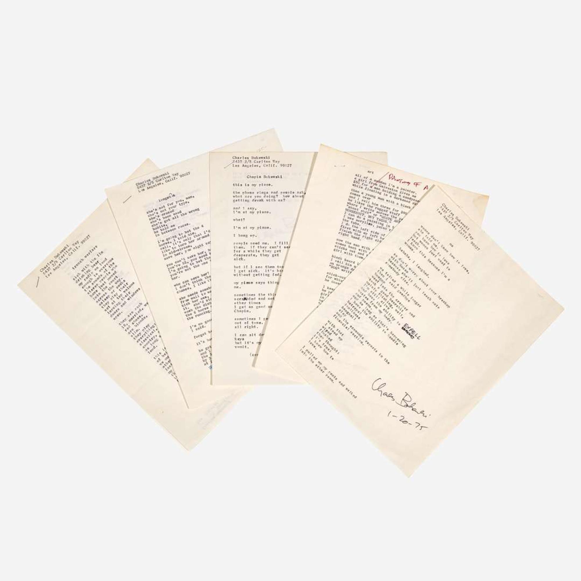 [Counter-Culture] Bukowski, Charles Group of 5 Typed Poems from "Love is a Dog From Hell"