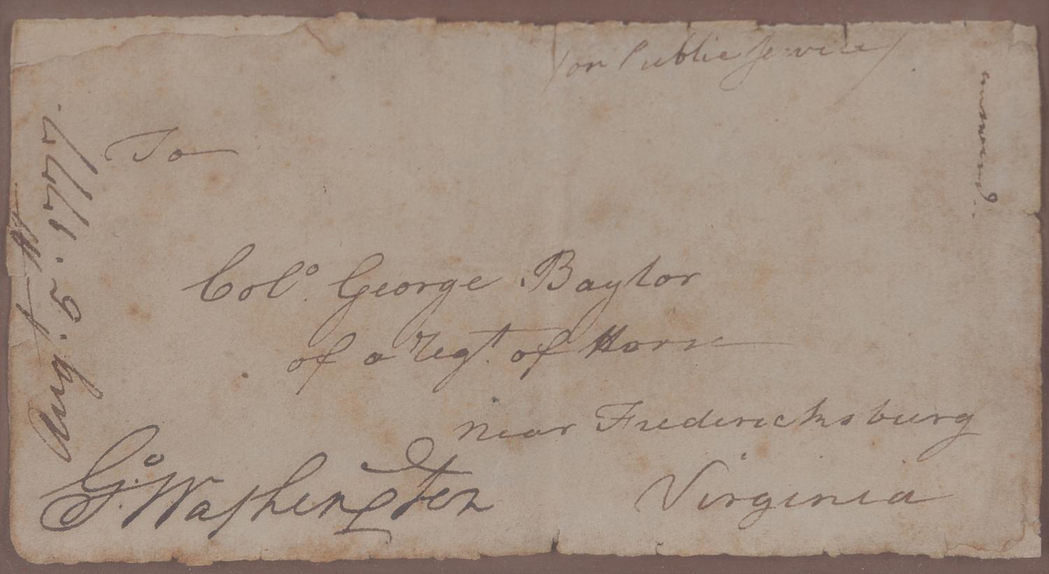 WASHINGTON, George (1732-1799). Address panel with autograph free frank signed ("G:o Washington"), as Commander in Chief of the Continental Army, 5 August 1777.