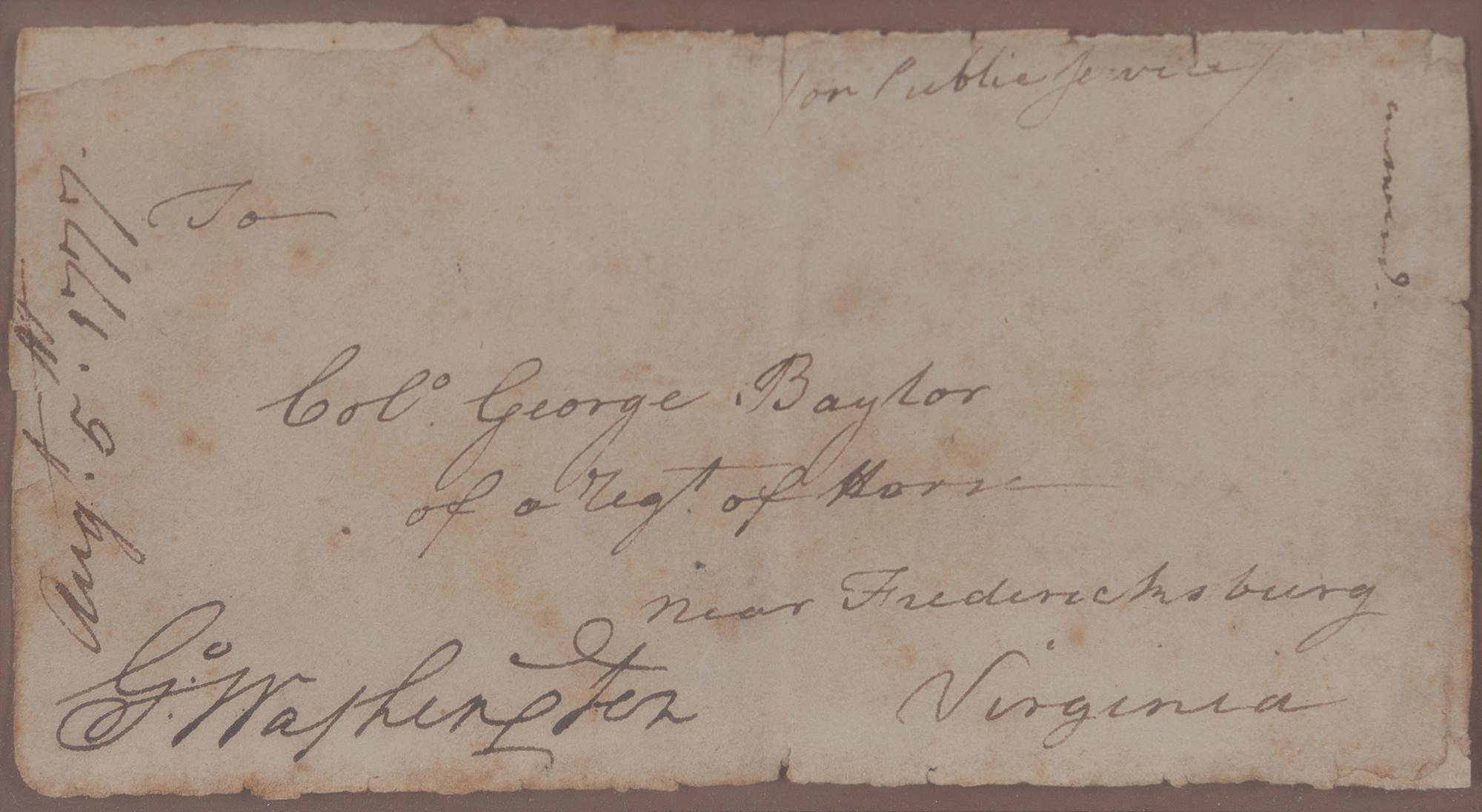 WASHINGTON, George (1732-1799). Address panel with autograph free frank signed ("G:o Washington"), as Commander in Chief of the Continental Army, 5 August 1777.